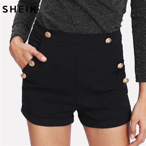 Shorts Women High Waisted Shorts Black Zipper Fly Gold Button Detail Shor Shorts