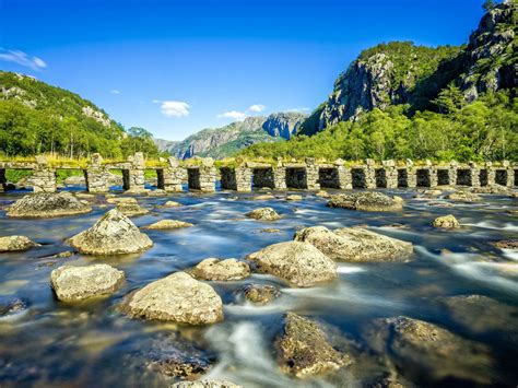 Norway River Stone Bridge Stones Mountains Blue Sky Photo