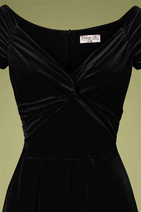 50s Trissie Twisted Velvet Swing Dress In Black