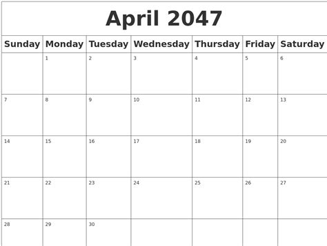 April 2047 Blank Calendar
