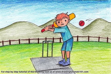 Cricket Player Scene Colored Pencils Drawing Cricket Player Scene