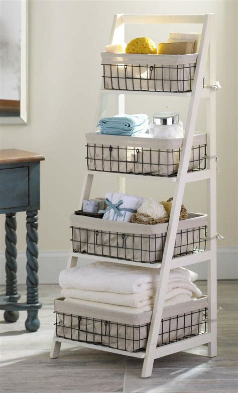 Elevated white multilevel bathroom shelving. Ladder Shelf With Baskets | Best Decor Things
