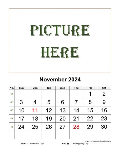 November Printable 2024 Calendar Space For Add Picture Vertical