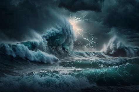 Storm Over The Ocean With Big Waves In A Dark Style Raging Sea