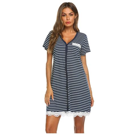 Vip 50 Cotton Women Nightgown Casual V Neck Short Sleeve Nightshirt Button Contrast Color