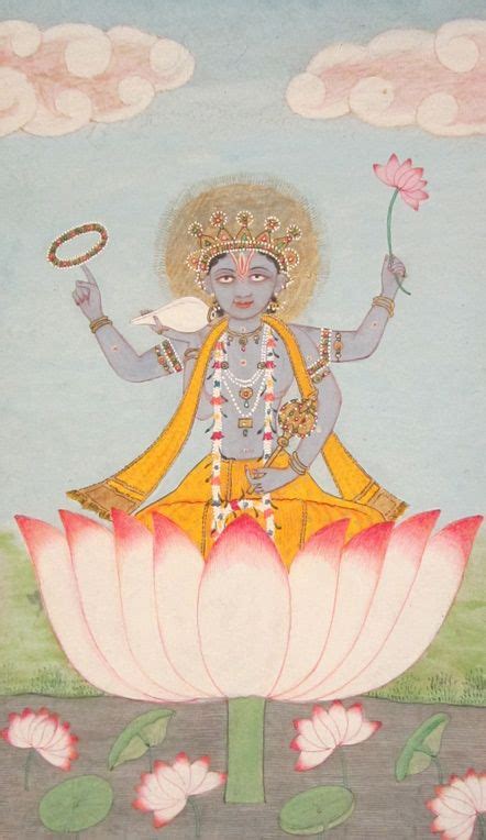 Lord Vishnu In A Lotus Wearing Jewels And Garlands Holding A Lotus A