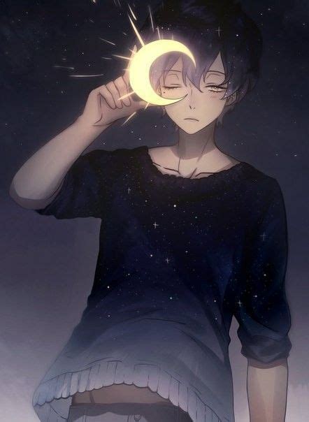 An Anime Character Holding A Light Up To Their Face With The Moon Above