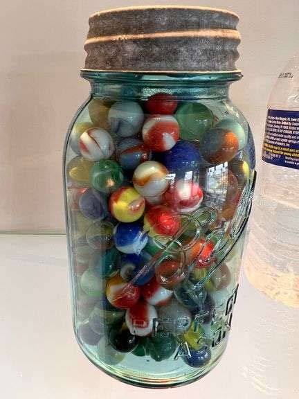 Vintage Blue Mason Jar Of Vintage Marbles Trice Auctions