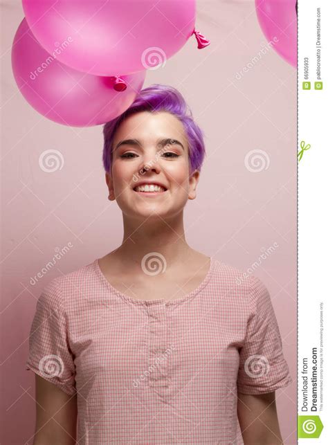 Violet Short Haired Woman In Pink Pastel Smiling With Pink Falling