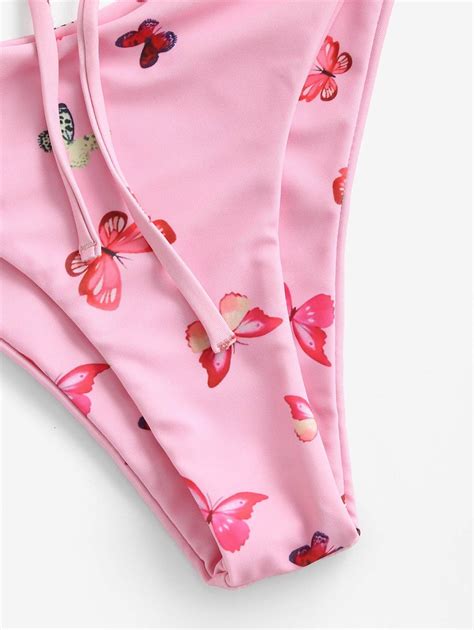 Zaful Butterfly Print Lace Up Bandeau Bikini Swimwear Light Pink Mauve