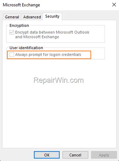 Fix Outlook Always Prompt For Logon Credentials Is Grayed Out