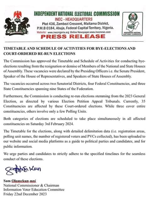 Inec Releases Timetable For Re Run Bye Elections The Sparklight News