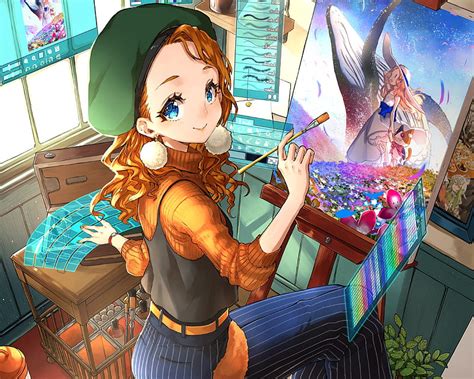Chica Anime Artista Pintura Sonriente Habitación Pelo Naranja
