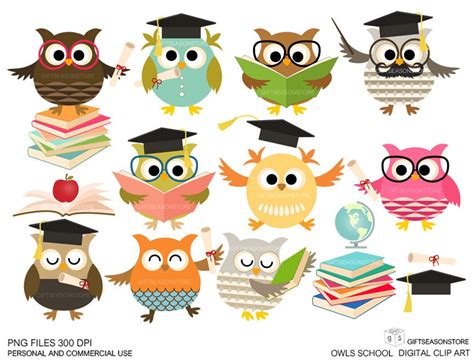 School Owls Digital Clip Art For Personal And Commercial Use