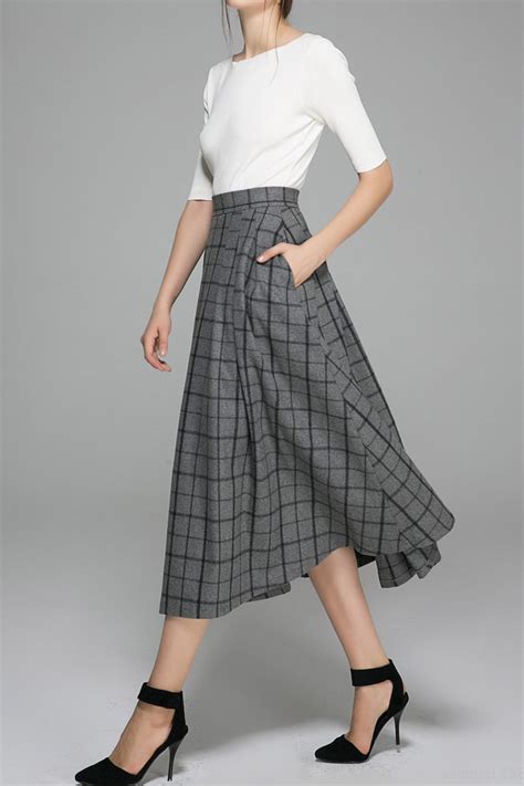 Gray Plaid Skirt Wool Skirt Midi Skirt Winter Skirt Womens Etsy