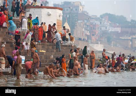 indian pilgrims bathing in the river ganges varanasi uttar pradesh india religious