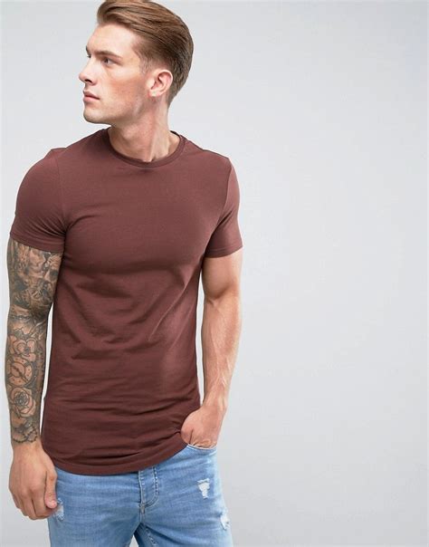 asos longline muscle fit t shirt with crew neck and curve hem brown cool t shirts asos
