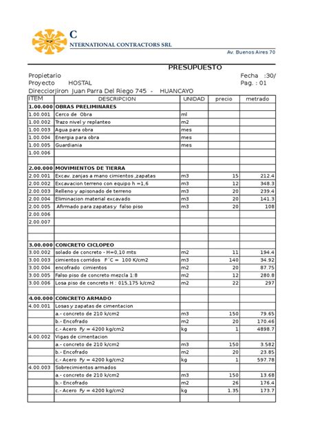 Cotizacion Mano De Obra Huancayo Ajustado Fundación Ingeniería