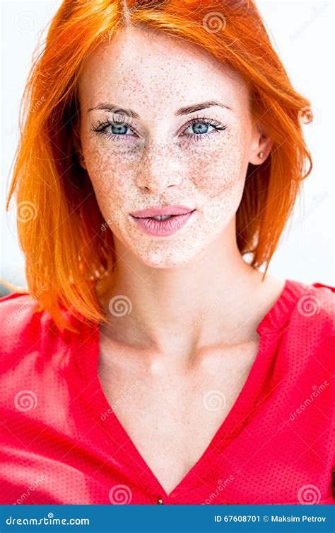 Beautiful Redhead Freckled Woman Smiling Seductive Biting Lips Stock Image Image Of Female