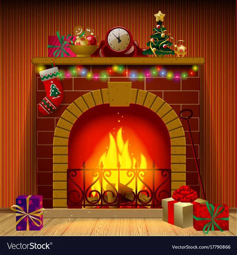 Christmas Fireplace In Interior With Holiday Decorations And Ts