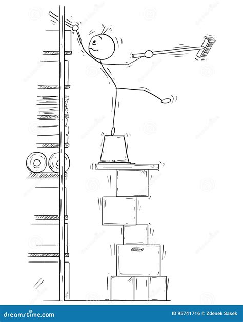 Vector Stick Man Cartoon Of Man Balancing On The Stack Of Paper Stock