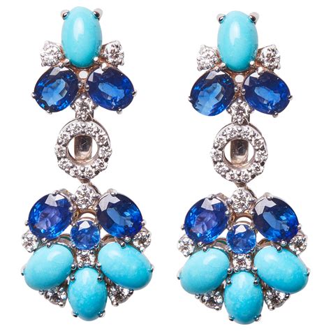 Turquoise Diamond Blue Sapphire Dangle Earring For Sale At Stdibs