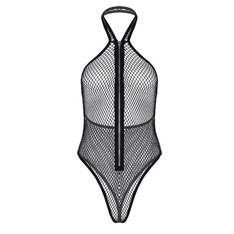 Women Sexy Lingerie Bodysuit Leotard See Through Fishnet Mesh Halter