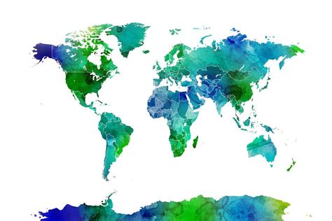 A Watercolor Map Of The World In Blue And Green