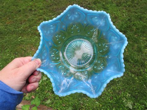 Antique Northwood Blue Opal Cashews Opalescent Glass Bowl Carnival Glass