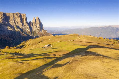 Aerial View By Drone Of Autumn Colors At Alpe Di Siusi Seiser Alm And