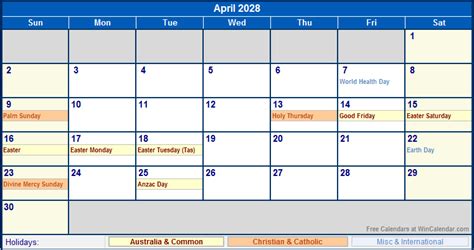 April 2028 Australia Calendar With Holidays For Printing Image Format