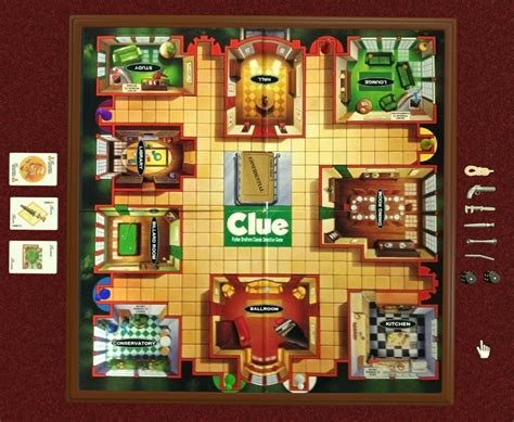 Clue game board, six suspect tokens, six murder weapons, 21 cards, secret envelope, one die, a pad of detective notebook sheets. Clue at Tabletop Simulator Nexus - Mods and Community