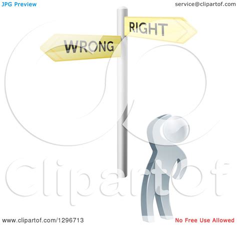 Clipart Of A 3d Silver Man Looking Up At Right And Wrong Directional