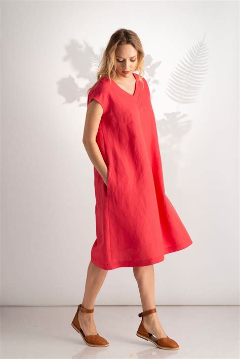 loose linen dress plus size linen dress red dress linen etsy