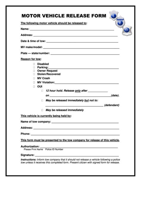 motor vehicle release form printable