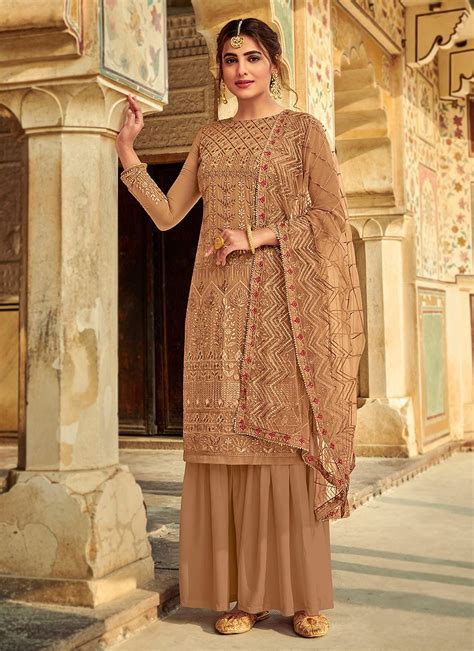 Light Brown Fully Embroidered Palazzo Style Suit Indian Heavy Anarkali Lehenga Gowns Sharara