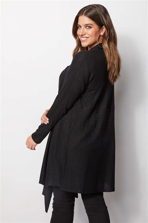 Black Longline Ribbed Waterfall Cardigan Plus Size 16 To 36