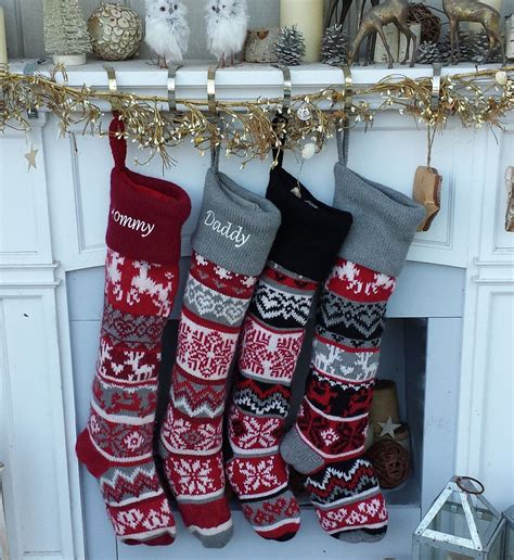 Personalized Large 28 Knitted Christmas Stockings Red Grey White