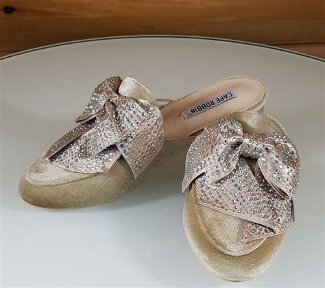 Cr Nude Velvet Flats Mules Clog Slipper Shoe Bow Detail With Rhinestones Bow Shoes Slip On