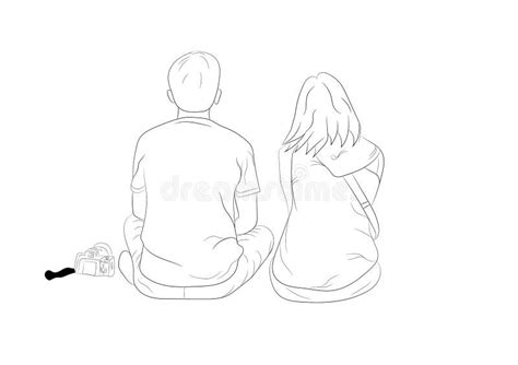 Graphics Drawing Outline Couple Boy And Girl Sit On White Background