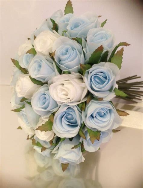 Light Blue And White Roses Posy 33 Buds Wedding Bouquet Artificial Silk