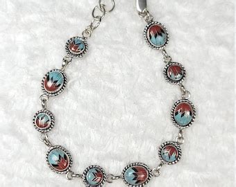 Turquoise And Coral Silver Bracelet Etsy