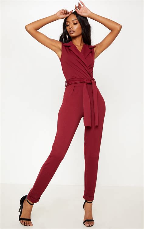 Burgundy Collar Tie Sleeveless Jumpsuit Prettylittlething