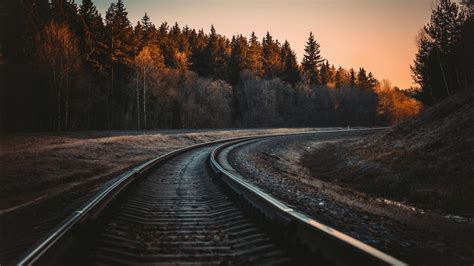 Railway Track Between Spring Autumn Green Trees Forest During Sunrise