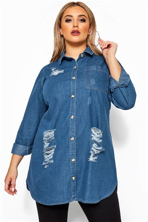 Blue Distressed Denim Shirt Yours Clothing