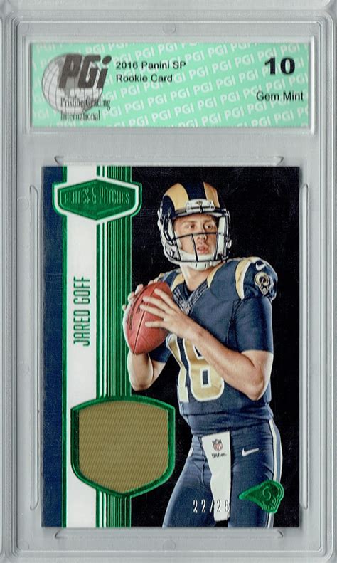Maybe you would like to learn more about one of these? Amazon.com: Jared Goff 2016 Plates & Patches #RM-JG Emerald SP 25 Made Rookie Card PGI 10 ...