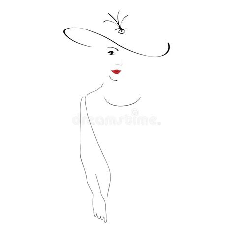 Elegant Young Woman Hat Hand Drawing Black Vector Outline White