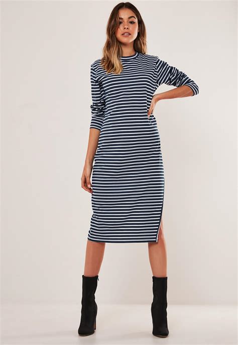 Navy Stripe Print Side Split Midi Dress Missguided