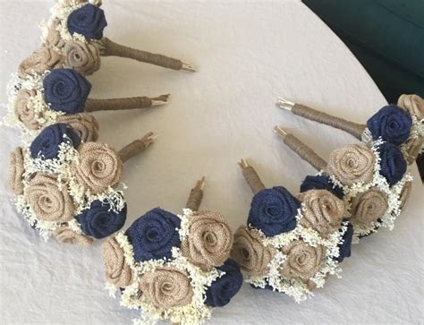 Small Bridesmaids Burlap Bouquet In Navy And Natural 5