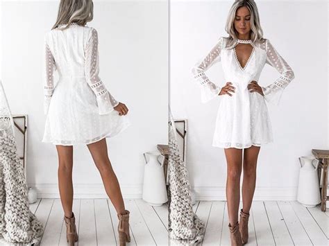Women Lace Dress White Sexy Ladies Hollow Out Long Sleeve V Neck Elegant Above Knee Dresses